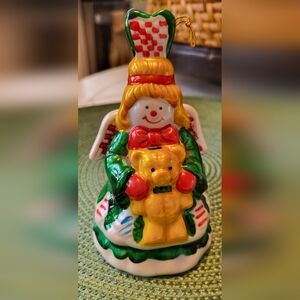 Vtg Ceramic Angel Bell Ornament Teddy Bear Snowwoman Christmas Kitschy Checker